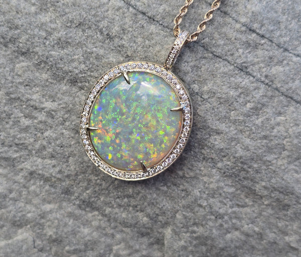 14k gold Australian opal and diamond reversible halo necklace pendant