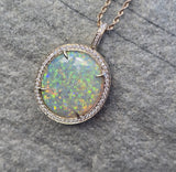 14k gold Australian opal and diamond reversible halo necklace pendant