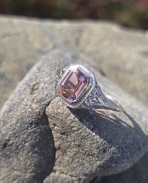 14k white gold c.1920's pink tourmaline filigree ring