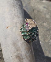 14k gold PARROT BIRD tsavorite garnet, ruby, yellow sapphire and diamond ring