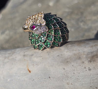14k gold PARROT BIRD tsavorite garnet, ruby, yellow sapphire and diamond ring