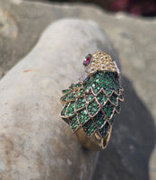 14k gold PARROT BIRD tsavorite garnet, ruby, yellow sapphire and diamond ring