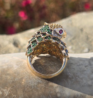 14k gold PARROT BIRD tsavorite garnet, ruby, yellow sapphire and diamond ring