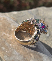 14k gold PARROT BIRD tsavorite garnet, ruby, yellow sapphire and diamond ring
