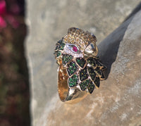 14k gold PARROT BIRD tsavorite garnet, ruby, yellow sapphire and diamond ring