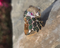 14k gold PARROT BIRD tsavorite garnet, ruby, yellow sapphire and diamond ring