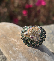 14k gold PARROT BIRD tsavorite garnet, ruby, yellow sapphire and diamond ring