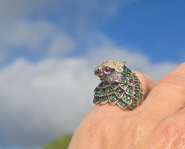 14k gold PARROT BIRD tsavorite garnet, ruby, yellow sapphire and diamond ring