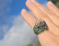 14k gold PARROT BIRD tsavorite garnet, ruby, yellow sapphire and diamond ring