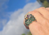 14k gold PARROT BIRD tsavorite garnet, ruby, yellow sapphire and diamond ring