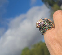 14k gold PARROT BIRD tsavorite garnet, ruby, yellow sapphire and diamond ring