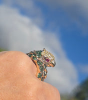 14k gold PARROT BIRD tsavorite garnet, ruby, yellow sapphire and diamond ring