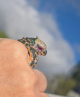 14k gold PARROT BIRD tsavorite garnet, ruby, yellow sapphire and diamond ring