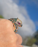 14k gold PARROT BIRD tsavorite garnet, ruby, yellow sapphire and diamond ring