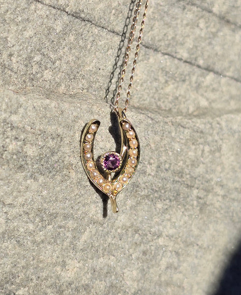 10k gold Victorian amethyst and pearl wishbone necklace pendant lavaliere
