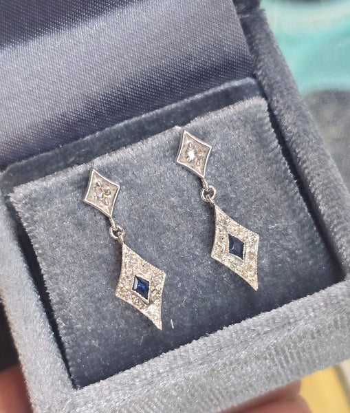 platinum and 14k white gold Art Deco diamond and sapphire earrings
