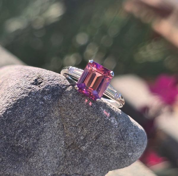 platinum emerald cut pink tourmaline and diamond estate ring