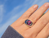 Platinum rhodolite garnet estate gypsy set ring - 13.4 grams