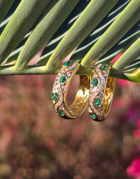 18ct gold emerald and diamond estate hoop earrings