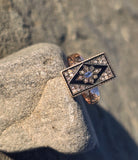 14ct gold + silver top Victorian rose cut diamond, enamel & blue sapphire antique ring HOLD