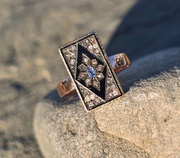 14ct gold + silver top Victorian rose cut diamond, enamel & blue sapphire antique ring HOLD