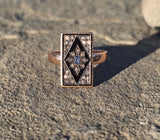 14ct gold + silver top Victorian rose cut diamond, enamel & blue sapphire antique ring HOLD