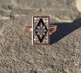 14ct gold + silver top Victorian rose cut diamond, enamel & blue sapphire antique ring HOLD