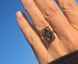 14ct gold + silver top Victorian rose cut diamond, enamel & blue sapphire antique ring HOLD