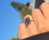 14ct gold + silver top Victorian rose cut diamond, enamel & blue sapphire antique ring HOLD