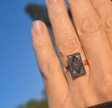 14ct gold + silver top Victorian rose cut diamond, enamel & blue sapphire antique ring HOLD