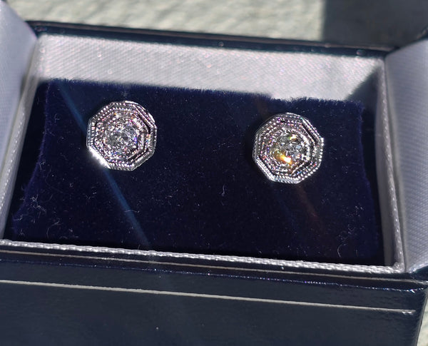 14k white gold diamond Deco estate studs - apx .26c tw