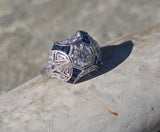platinum filigree Art Deco blue sapphire and diamond estate ring