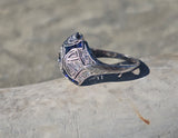 platinum filigree Art Deco blue sapphire and diamond estate ring