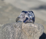 platinum filigree Art Deco blue sapphire and diamond estate ring