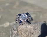 platinum filigree Art Deco blue sapphire and diamond estate ring