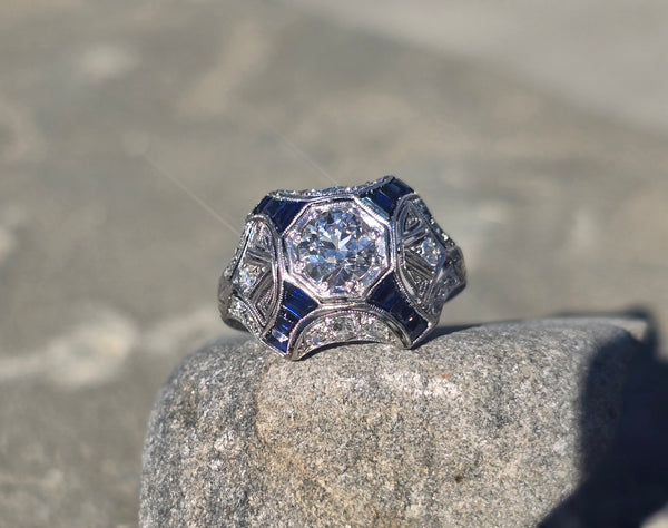 platinum filigree Art Deco blue sapphire and diamond estate ring
