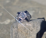 platinum filigree Art Deco blue sapphire and diamond estate ring