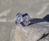 platinum filigree Art Deco blue sapphire and diamond estate ring