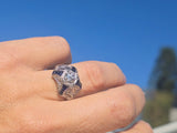 platinum filigree Art Deco blue sapphire and diamond estate ring