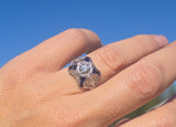 platinum filigree Art Deco blue sapphire and diamond estate ring