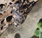 Platinum and 14k gold Edwardian two tone pearl and diamond antique filigree sheild glove ring