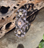 Platinum and 14k gold Edwardian two tone pearl and diamond antique filigree sheild glove ring