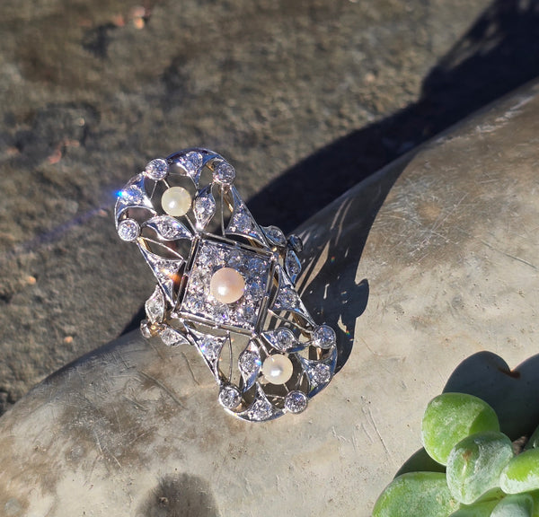 Platinum and 14k gold Edwardian two tone pearl and diamond antique filigree sheild glove ring