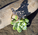 Platinum and 14k gold Edwardian two tone pearl and diamond antique filigree sheild glove ring