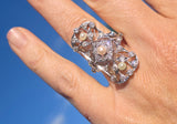 Platinum and 14k gold Edwardian two tone pearl and diamond antique filigree sheild glove ring