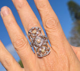 Platinum and 14k gold Edwardian two tone pearl and diamond antique filigree sheild glove ring