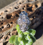 14k white gold Art Deco c.1920's diamond filigree glove shield ring
