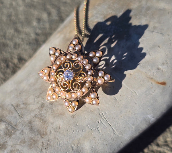 14k gold Victorian seed pearl and diamond starburst necklace pendant lavaliere pin