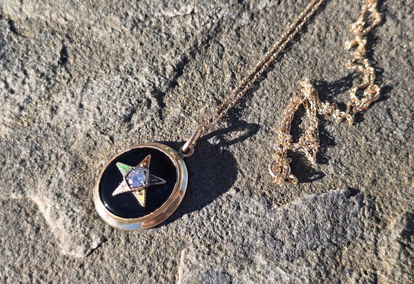 10k gold Eastern Star diamond and enamel antique necklace pendant