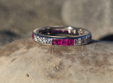 18k white diamond and ruby stackable eternity wedding band - size 5.25